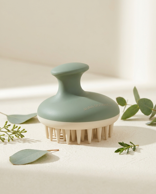 Folira sage-green scalp stimulator tool on cream background