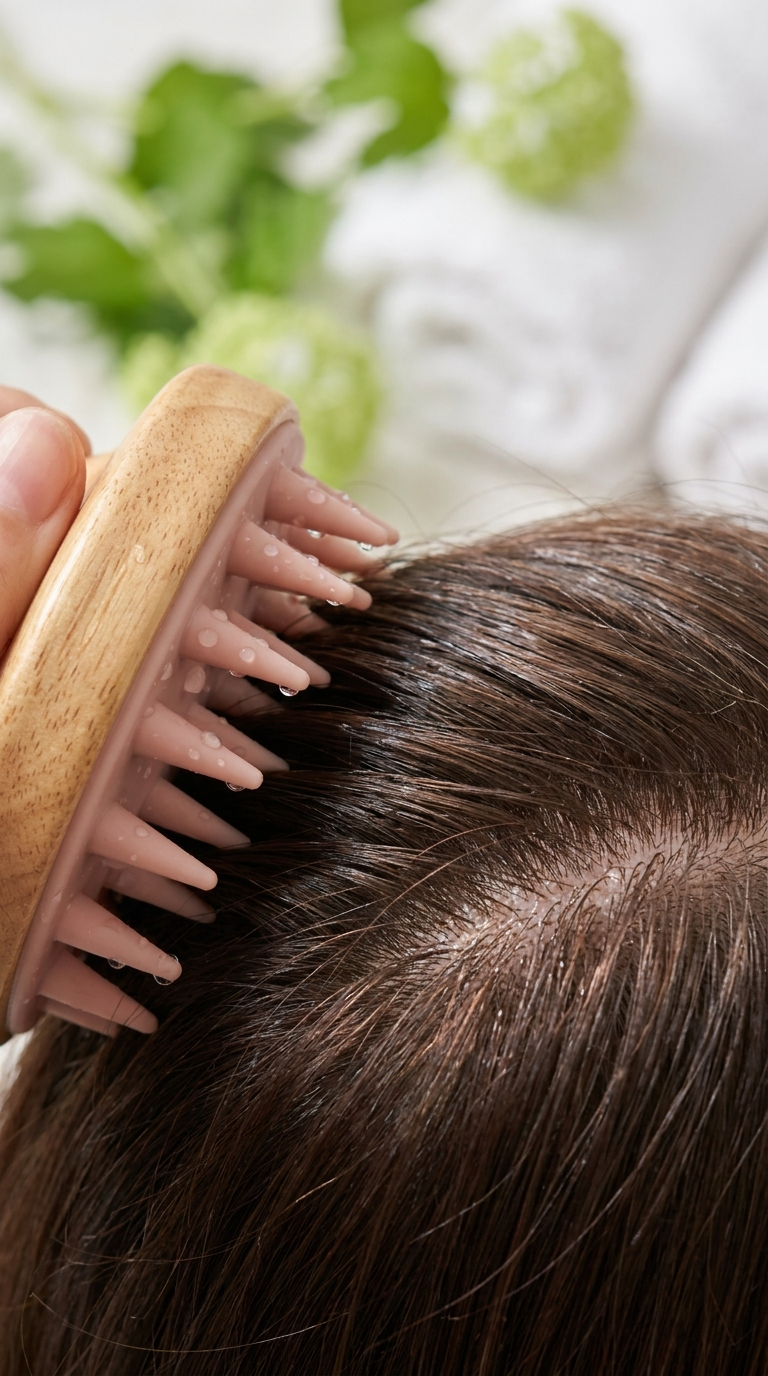 Close-up of Folira scalp tool parting hair to reveal a clean scalp