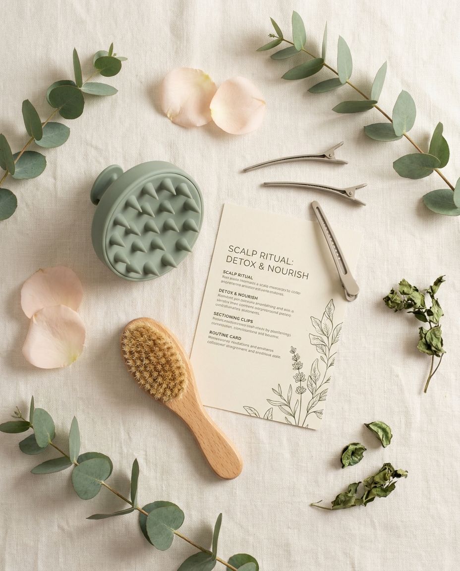 Folira scalp care ritual kit flat lay with detox brush and clips